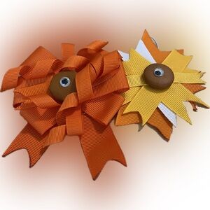 Set of 2 handmade hair bows orange yellow white google eyes autumn fall